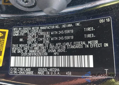 2019 Toyota Highlander Limited/Ltd Platinum z USA, uszkodzony, nr VIN 5TDYZRFH1KS293398